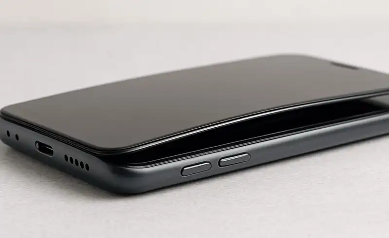 Macro pe lateralul unui iPhone unde se vede clar ca displayul s-a ridicat din rama de aluminiu — un spatiu vizibil intre ecran si carcasa, semnul tipic ca bateria s-a umflat in interior si forteaza displayul spre exterior