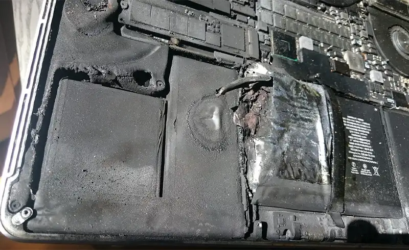 MacBook deschis cu bateria complet carbonizată după thermal runaway — exemplu real al consecințelor unei baterii aftermarket de proastă calitate