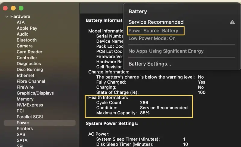 Screenshot macOS System Information cu sectiunea Power evidentiata: Cycle Count 286, Condition: Service Recommended, Maximum Capacity 85% — plus widget-ul Battery din menu bar care confirma Service Recommended si Low Power Mode activat