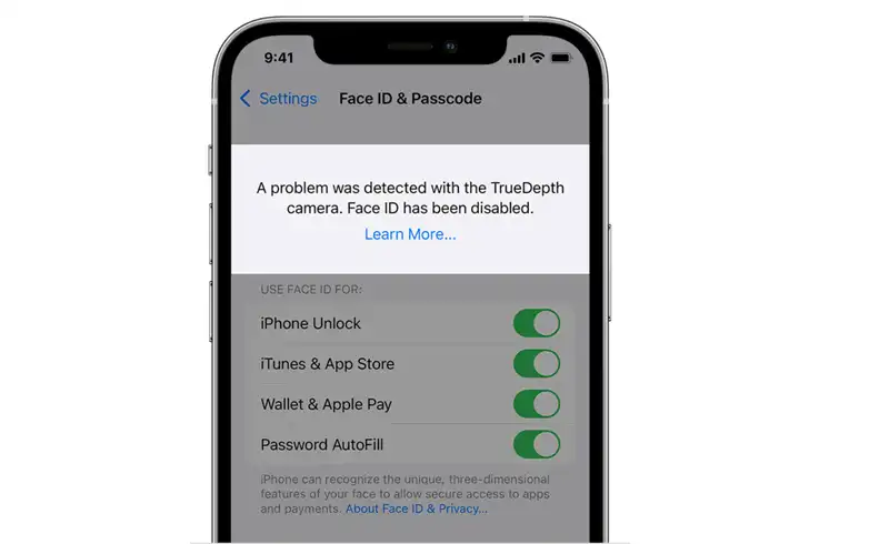 Screenshot iOS din Settings — Face ID & Passcode care afiseaza mesajul de eroare „A problem was detected with the TrueDepth camera. Face ID has been disabled" cauzat de un display aftermarket care a deconectat sau a incompatibilizat cablul flex TrueDepth