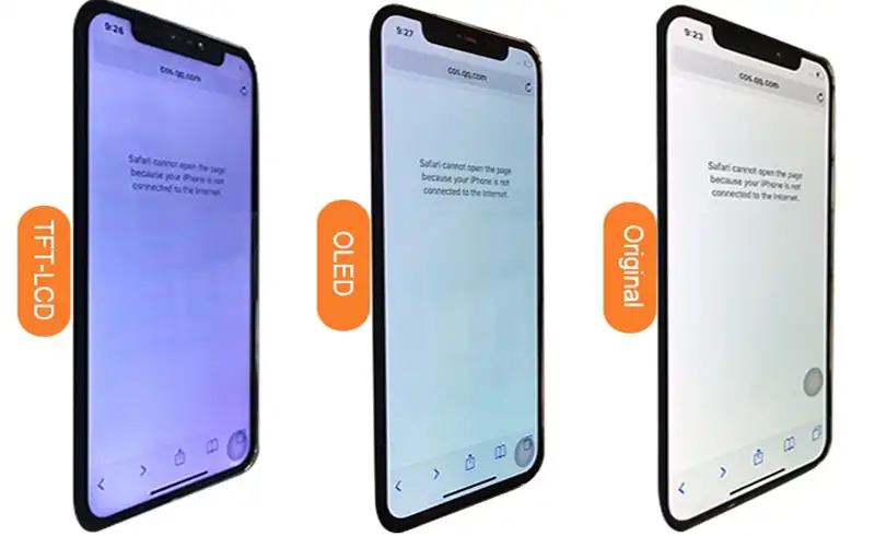 Trei iPhone-uri side-by-side: TFT-LCD aftermarket cu cast albastru, OLED aftermarket cu cast cyan, vs display Apple original cu alb pur