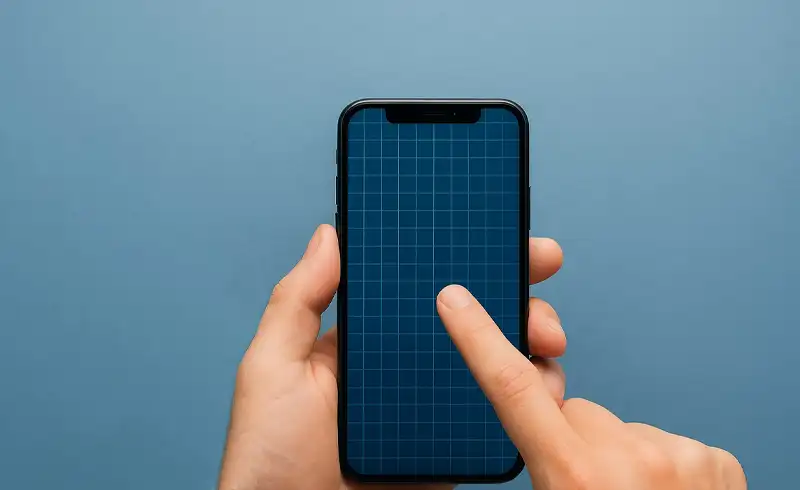 Mana care tine un iPhone cu ecranul aratand un grid de test pentru touch — degetul atinge ecranul intr-o zona, dar grid-ul nu inregistreaza apasarea corect, dovada de touch ratat sau touch controller necalibrat